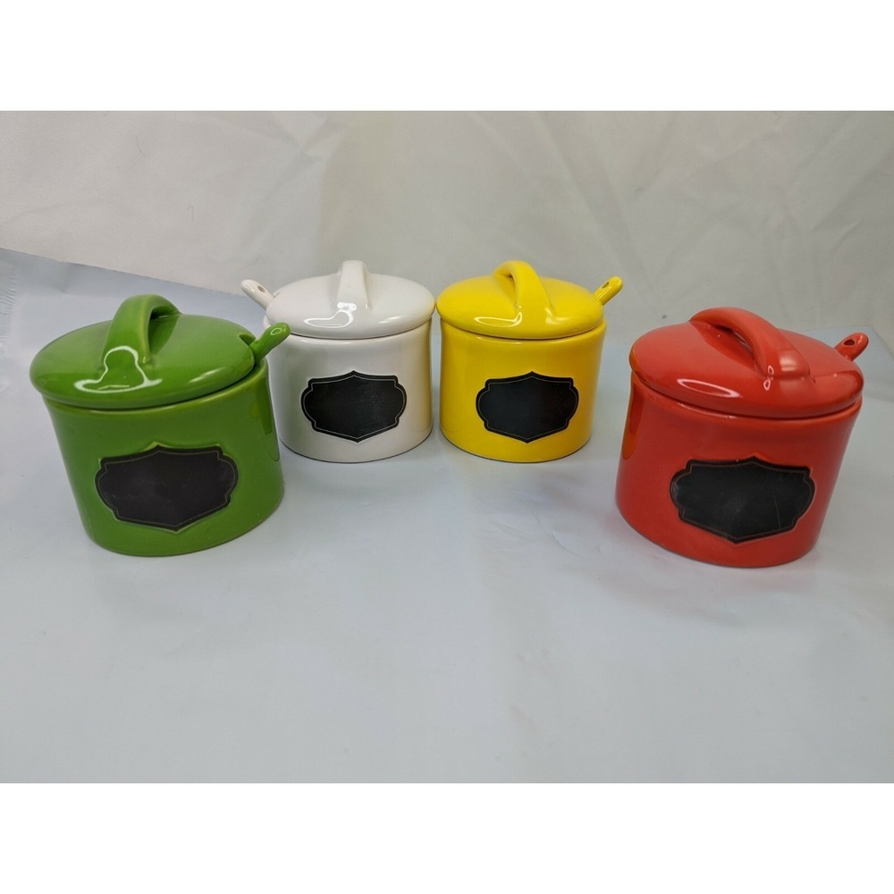 Avon Condiment Jar Lot Chalk Label Spoons Red Green Yellow White
